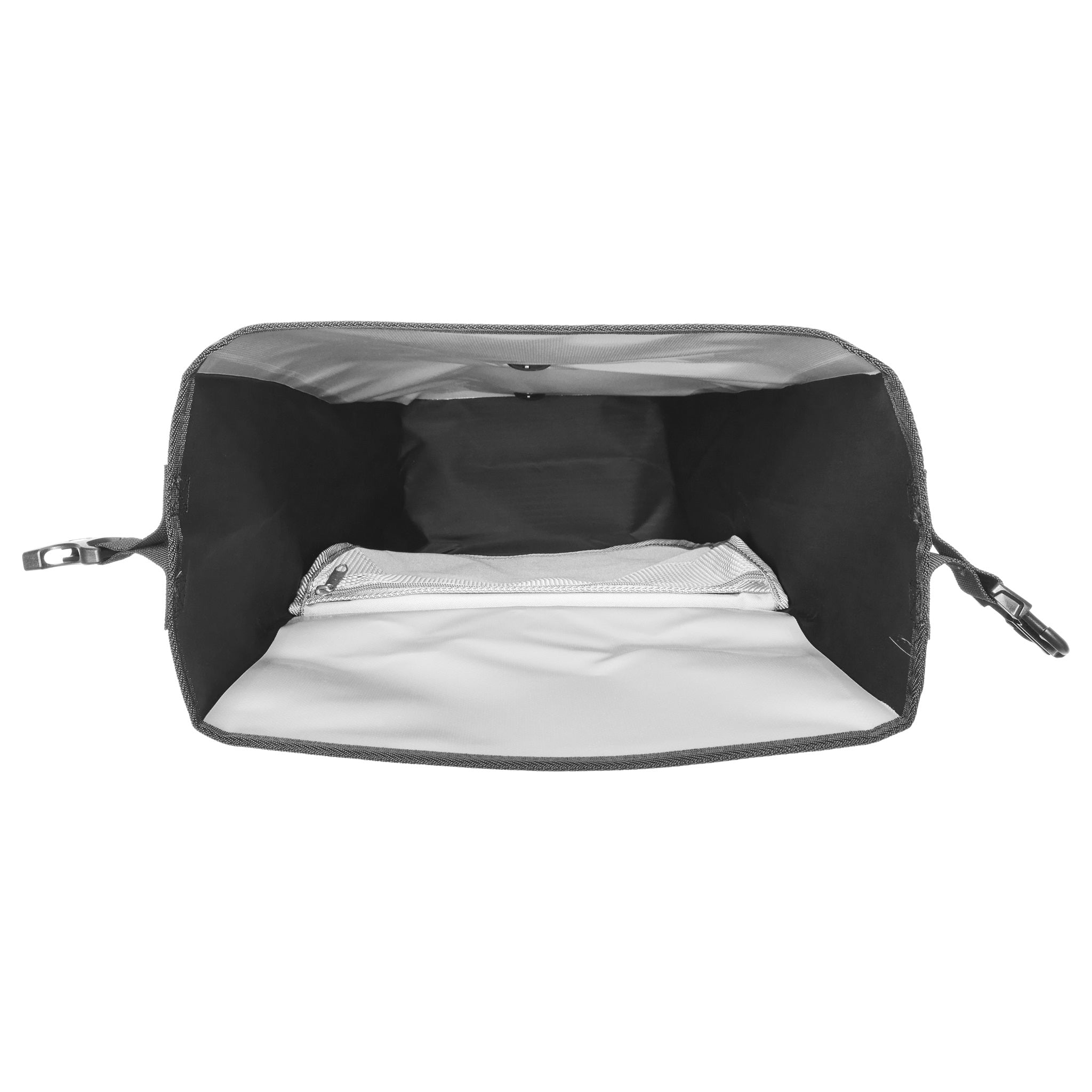 Binnenaanzicht van ORTLIEB Back-Roller Design tas in design "Morning Routine" met netvak en ritssluiting