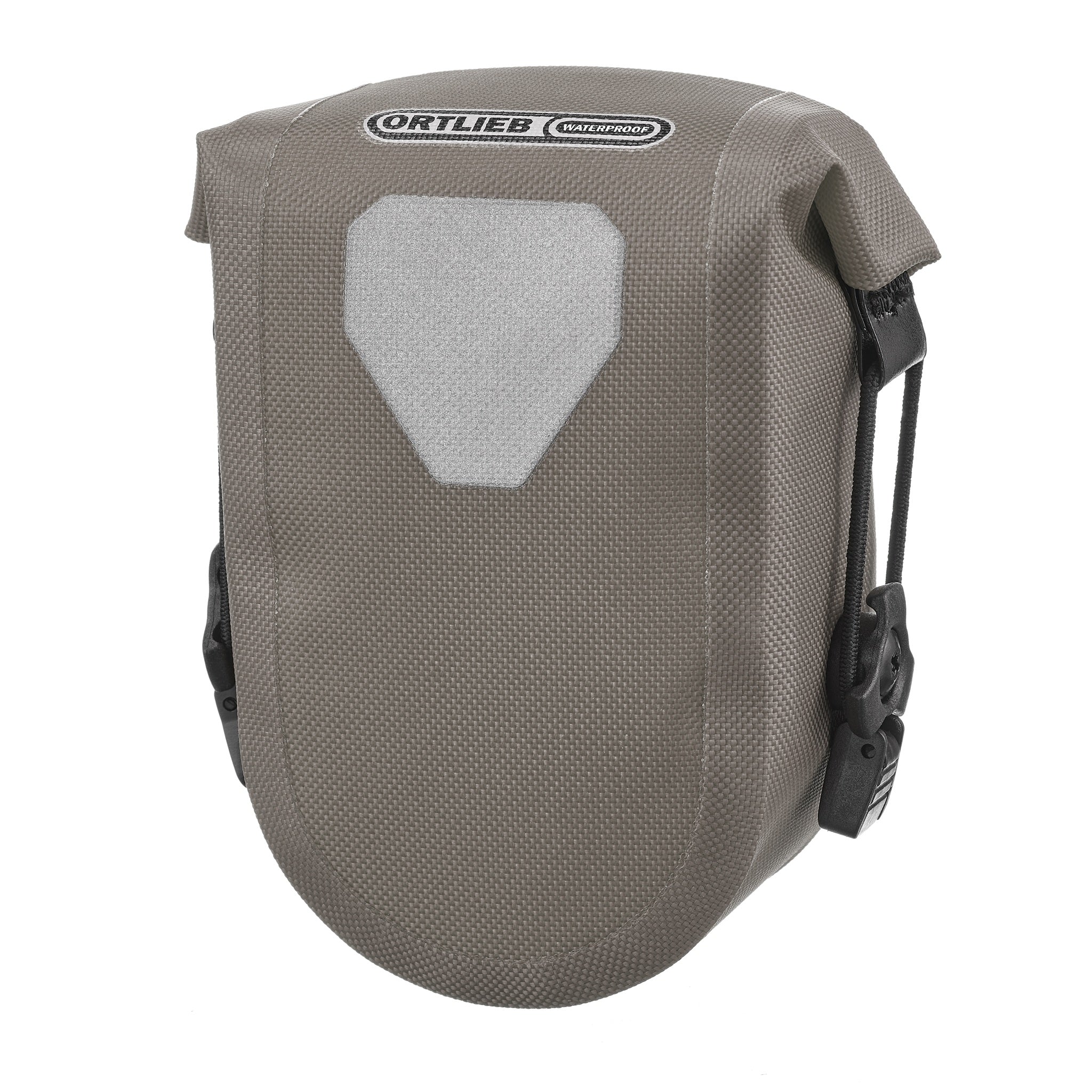 Zijaanzicht van ORTLIEB Micro-Bag 0.8L in dark sand met bevestigingssysteem