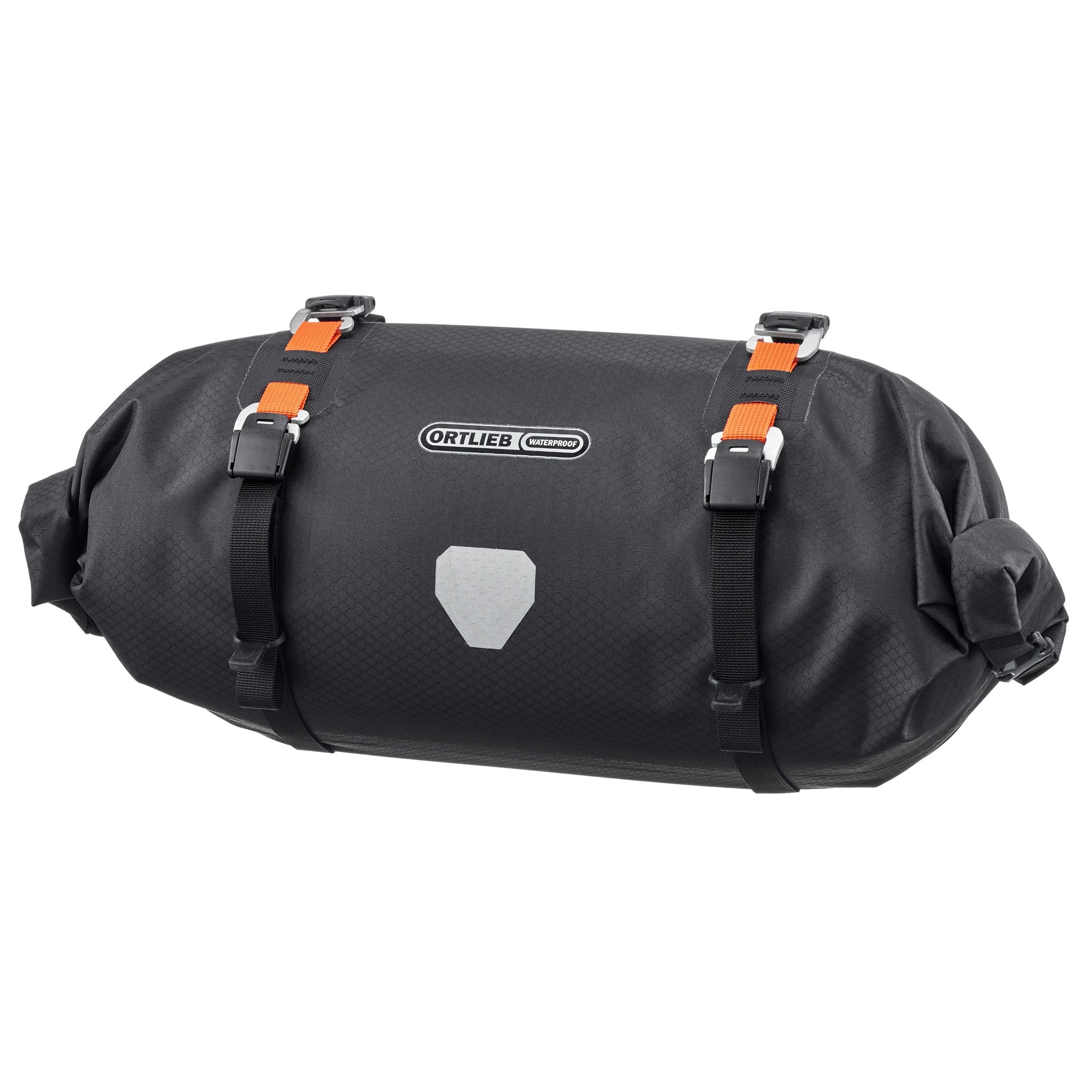 Vooraanzicht van ORTLIEB Handlebar-Pack Flex in black-matt met reflecterend logo en compressieriemen