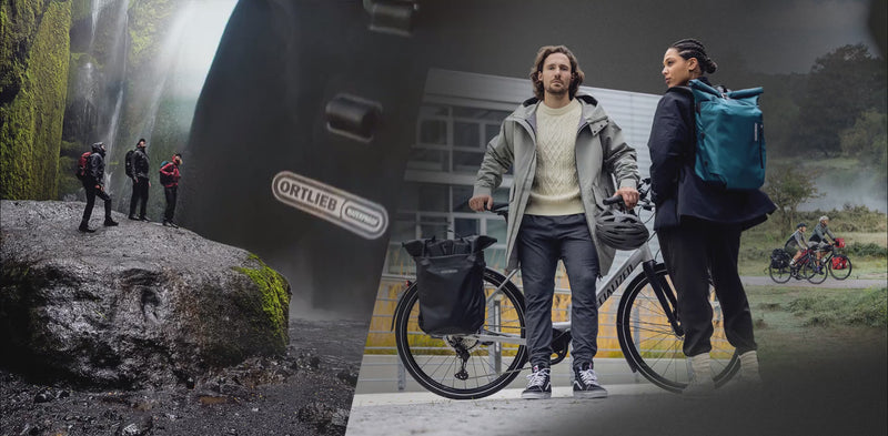 ORTLIEB Lifestyle Banner toont verschillende ORTLIEB producten zoals de Vario, Back-Roller Plus en de Atrack outdoor rugzak.