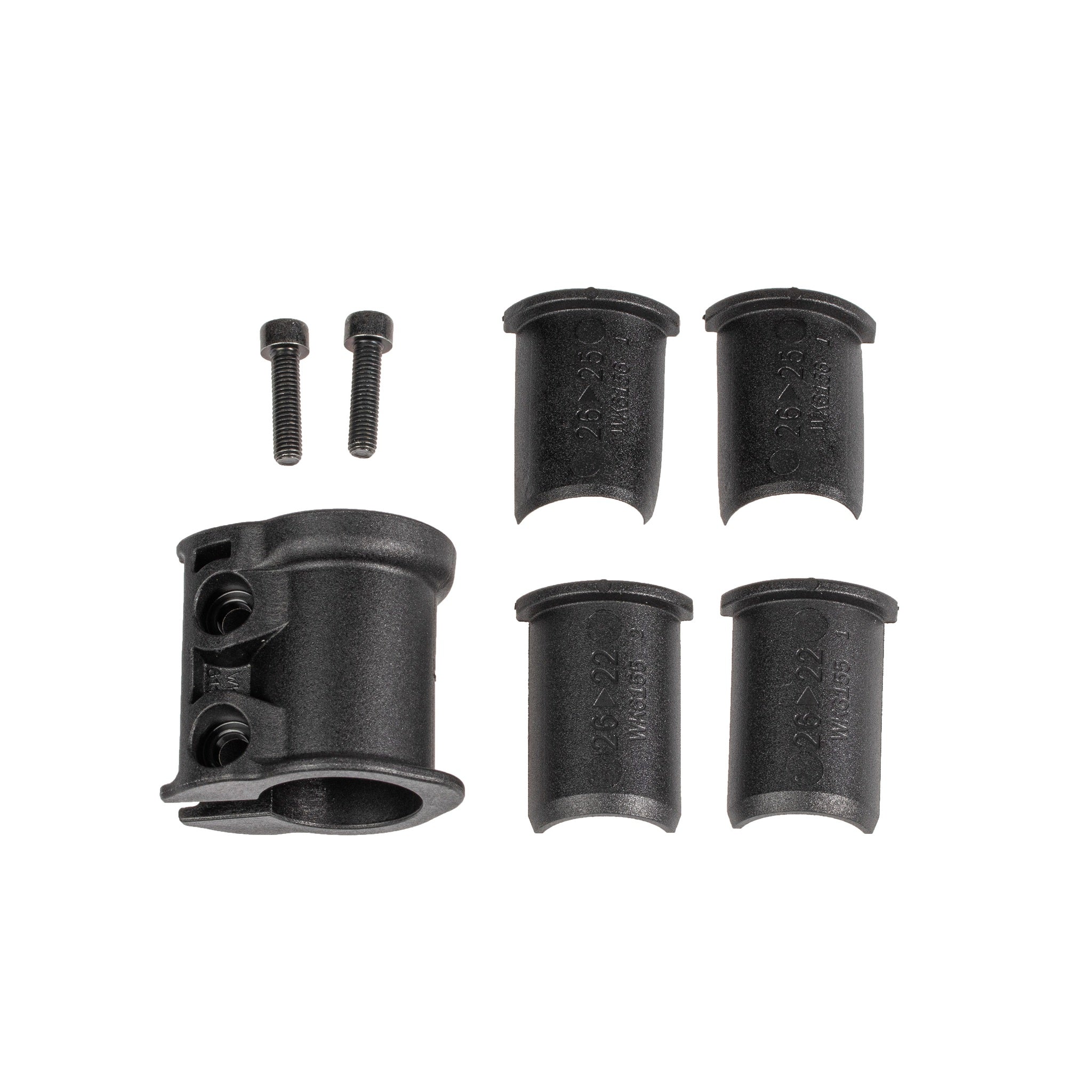 ORTLIEB Seat-Pack adapterklem van zwart kunststof met schroeven en inzetstukken voor verschillende zadelpennen