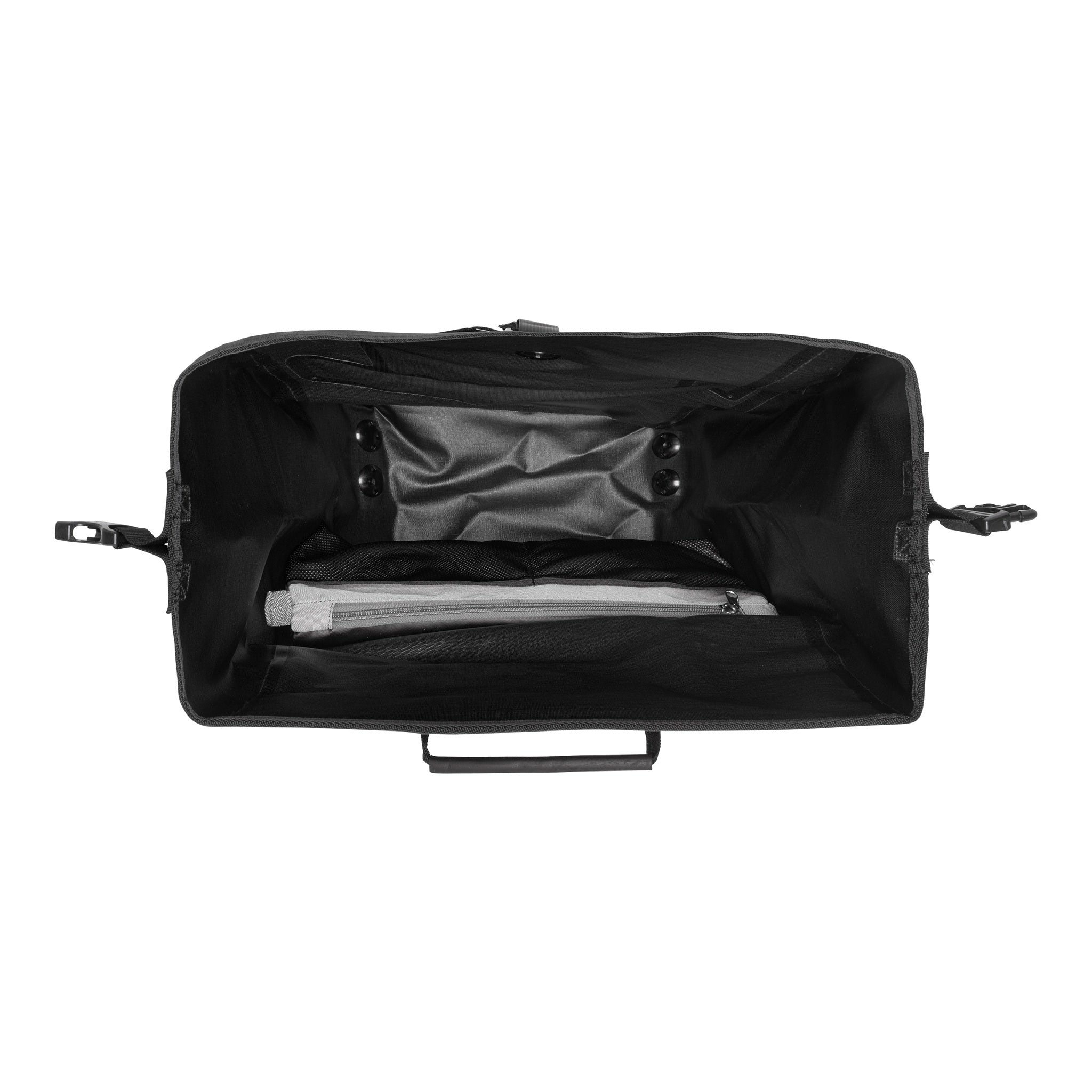 Binnenkant van ORTLIEB Back-Roller XL Plus QL2.2 in granite - black met groot hoofdvak en ritsvak