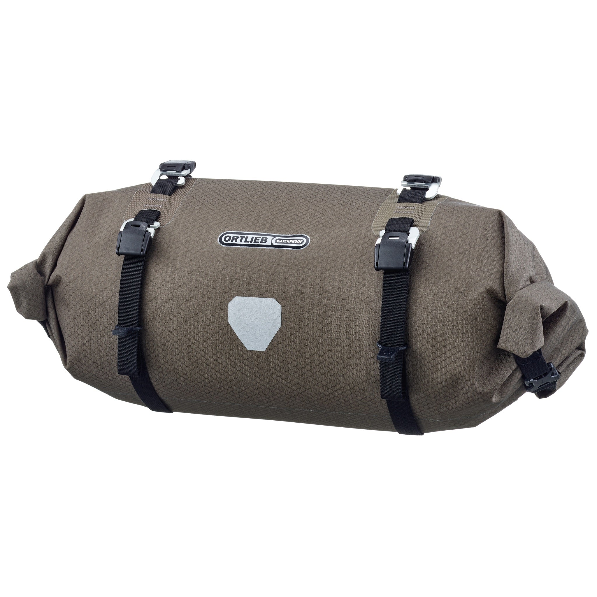 Vooraanzicht van ORTLIEB Handlebar-Pack Flex in dark-sand met reflecterend logo en compressieriemen