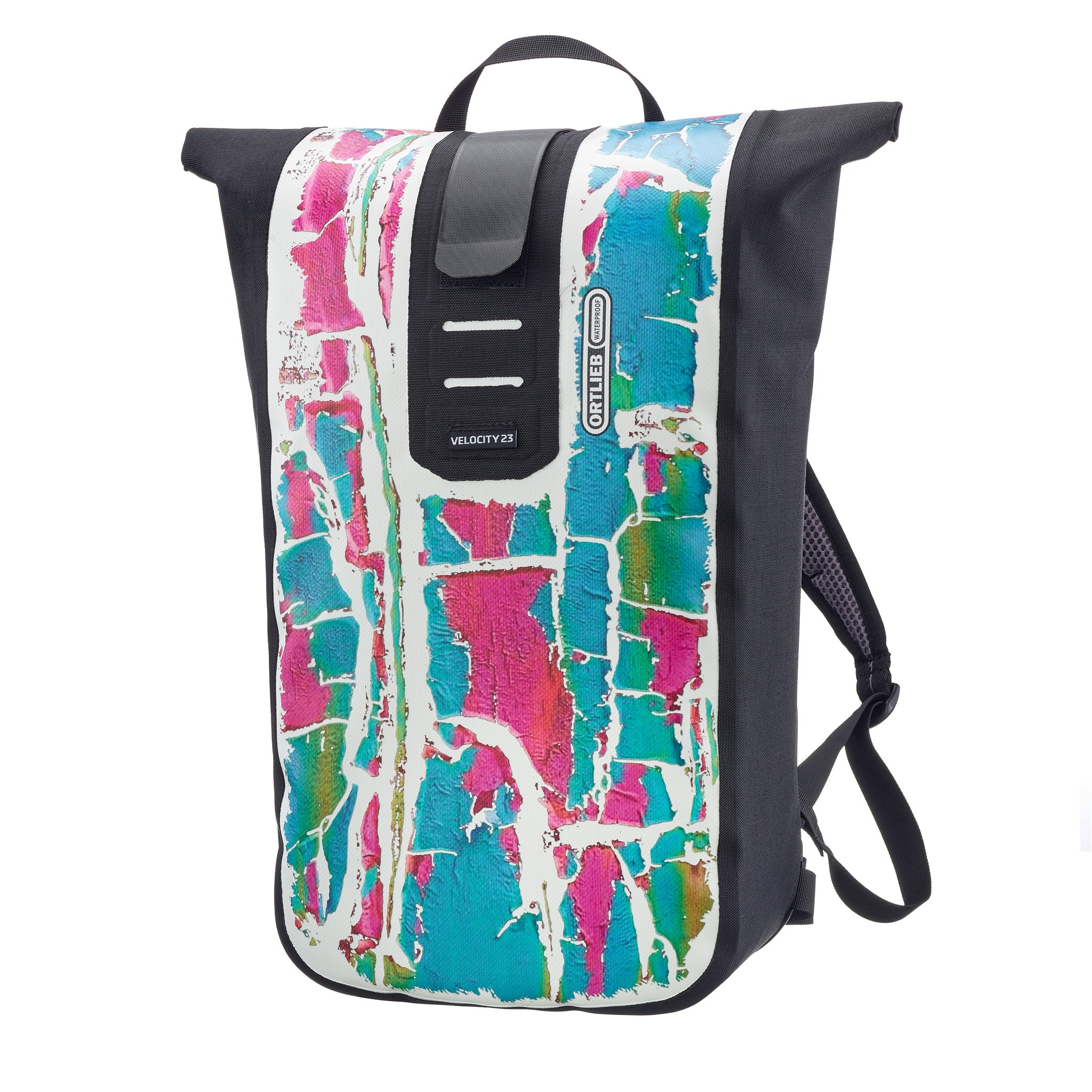 ORTLIEB Velocity Design rugzak met abstract roze turquoise en wit patroon op zwarte achtergrond